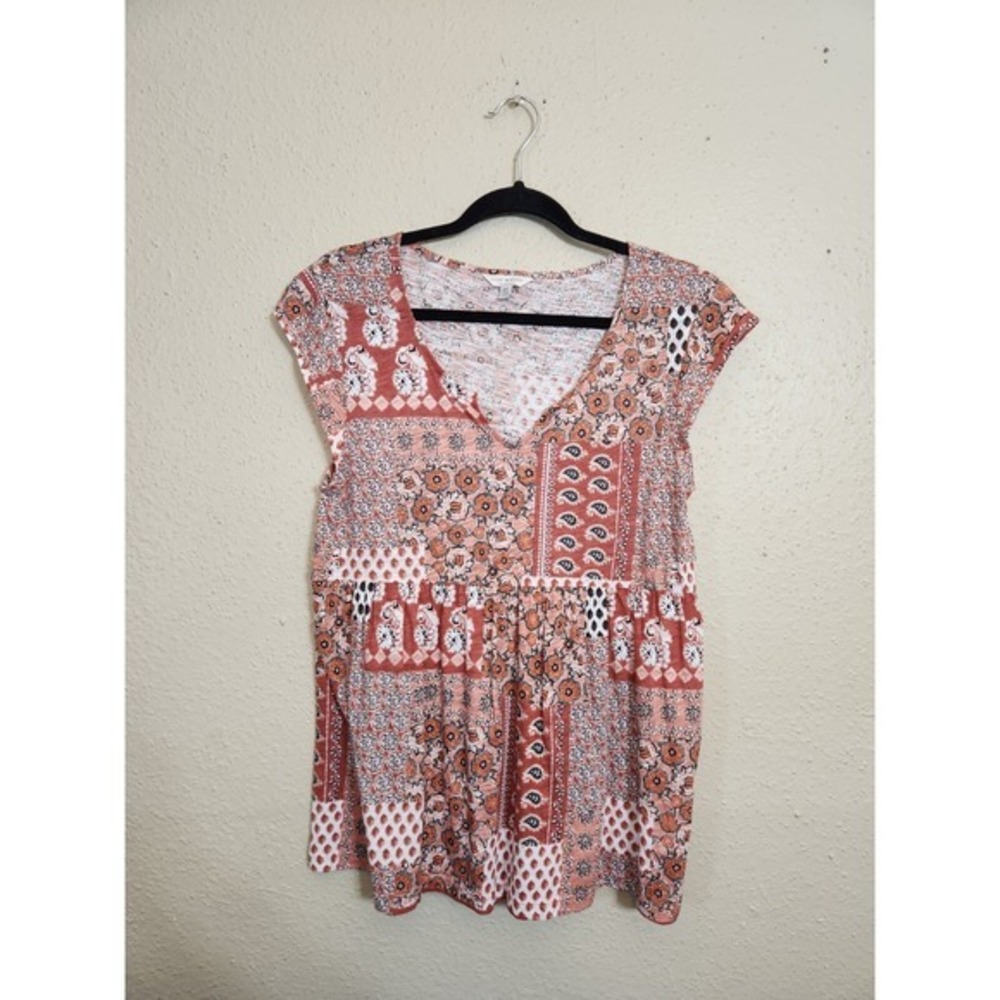 Lucky Brand Women's Multicolor Floral Print V-Neck Cap Sleeve Blouse Size Medium